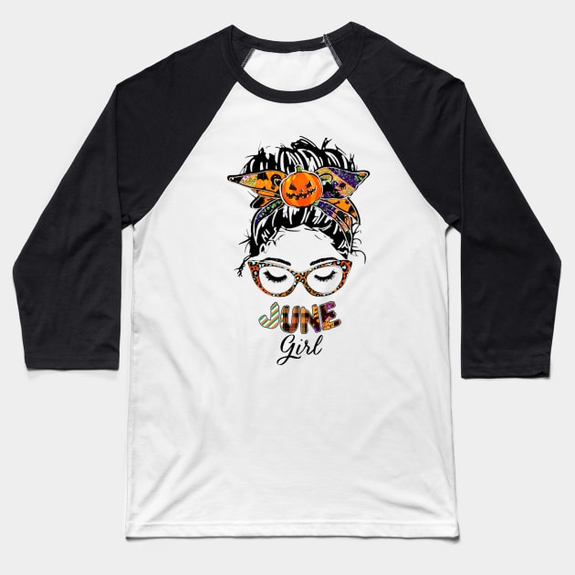 June Girl Halloween Face Wink Eyes Pumpkin Baseball T-Shirt by tasmarashad